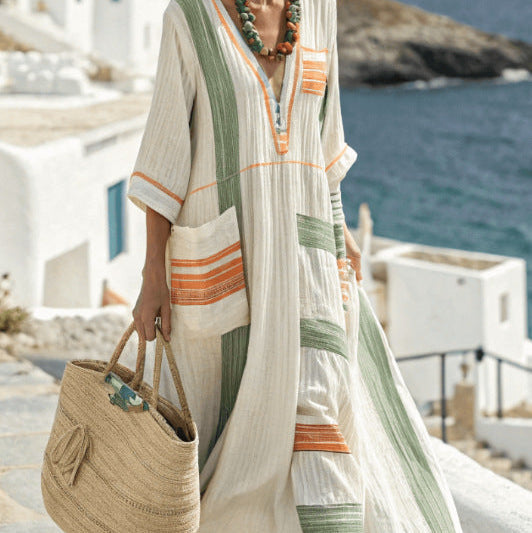 "Diane" Caftan Dress with Green and Orange Stripes