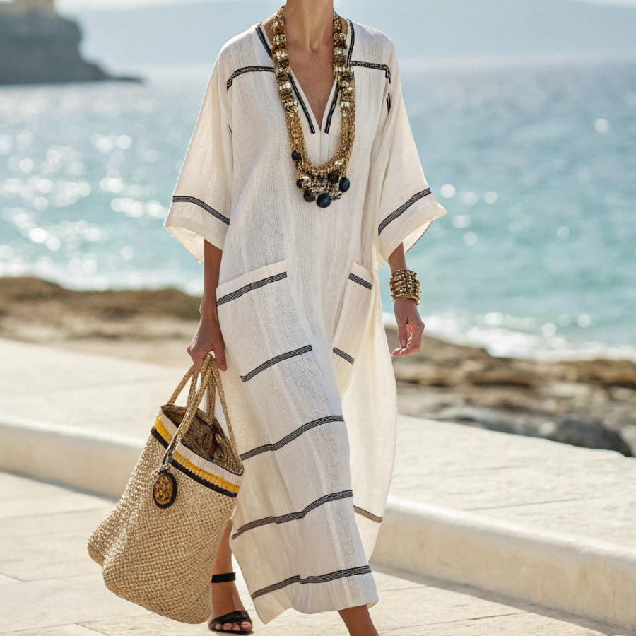 "Victory" Caftan Dress with Elegant Black Stripes