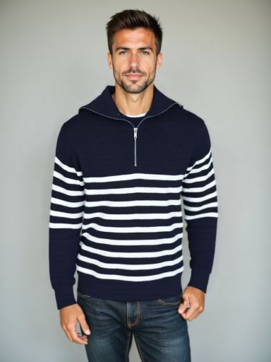 Knitted Sweater with Zipper and Stripes - Rowan