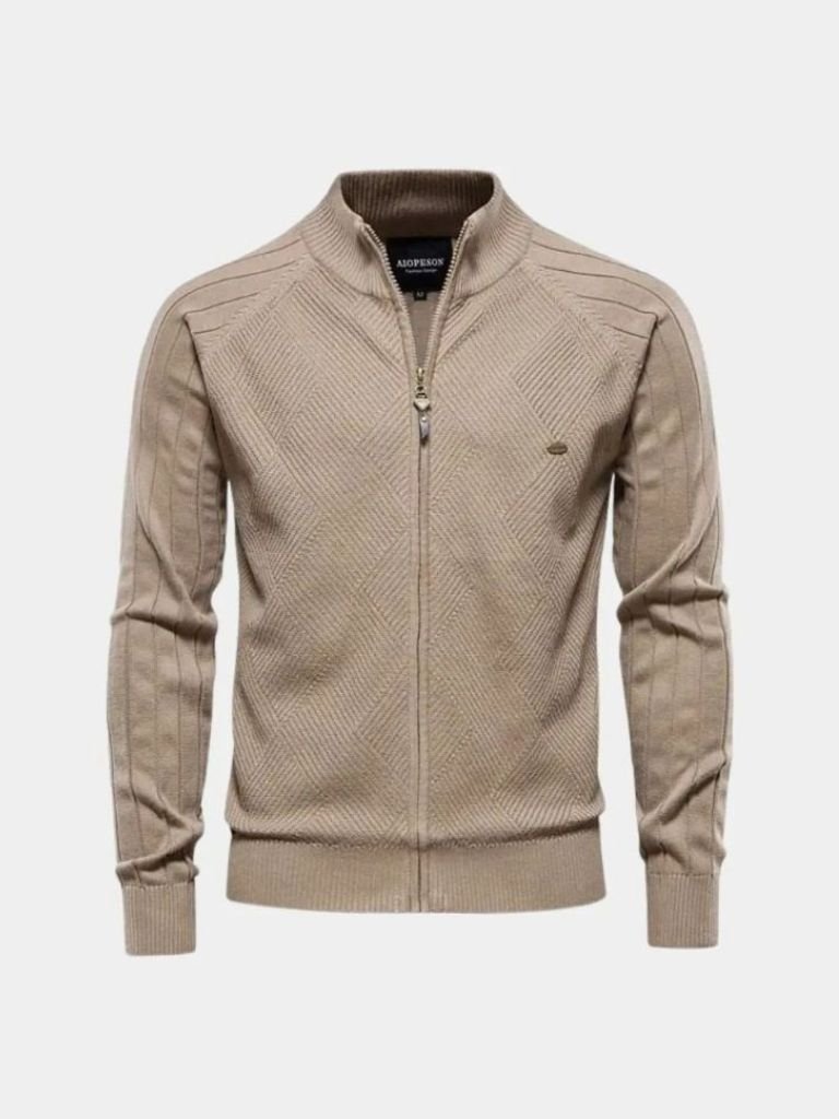 Solid Color Zippered Knit Jacquard Cardigan - Rowan