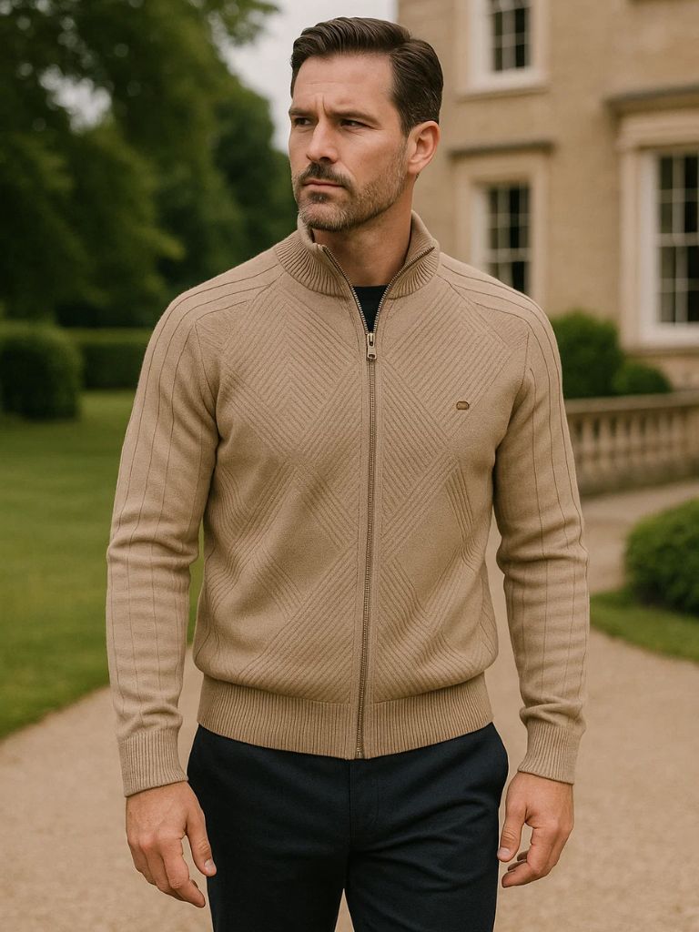 Solid Color Zippered Knit Jacquard Cardigan - Rowan