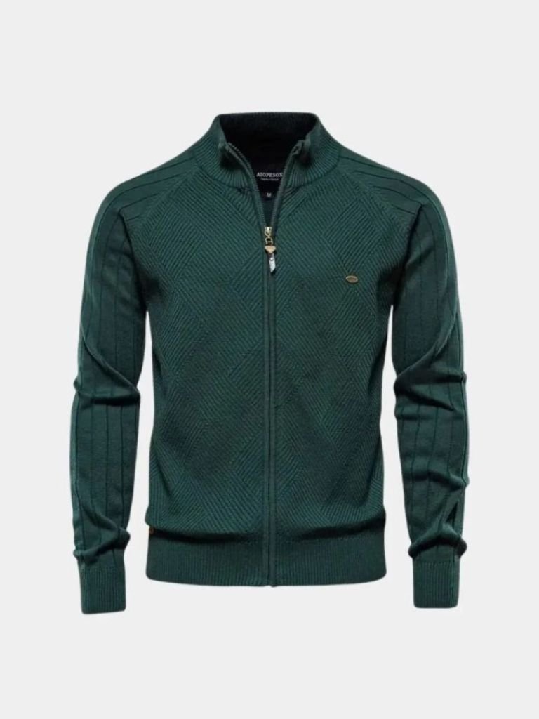 Solid Color Zippered Knit Jacquard Cardigan - Rowan