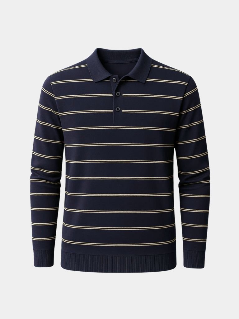 Navy Striped Polo at Sunset - Rowan