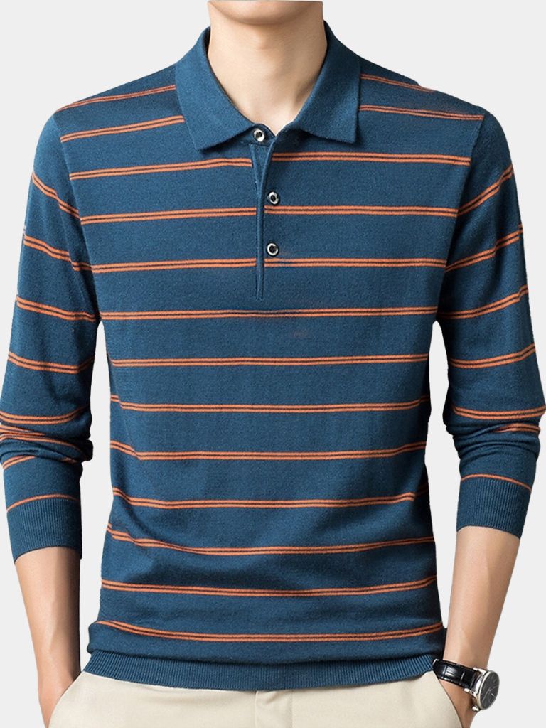 Navy Striped Polo at Sunset - Rowan