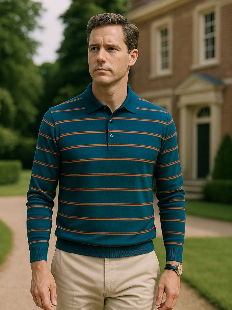 Navy Striped Polo at Sunset - Rowan
