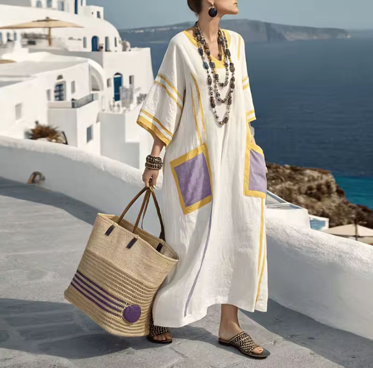 "Mila" Caftan Dress with Lavender Pockets and Solar Details