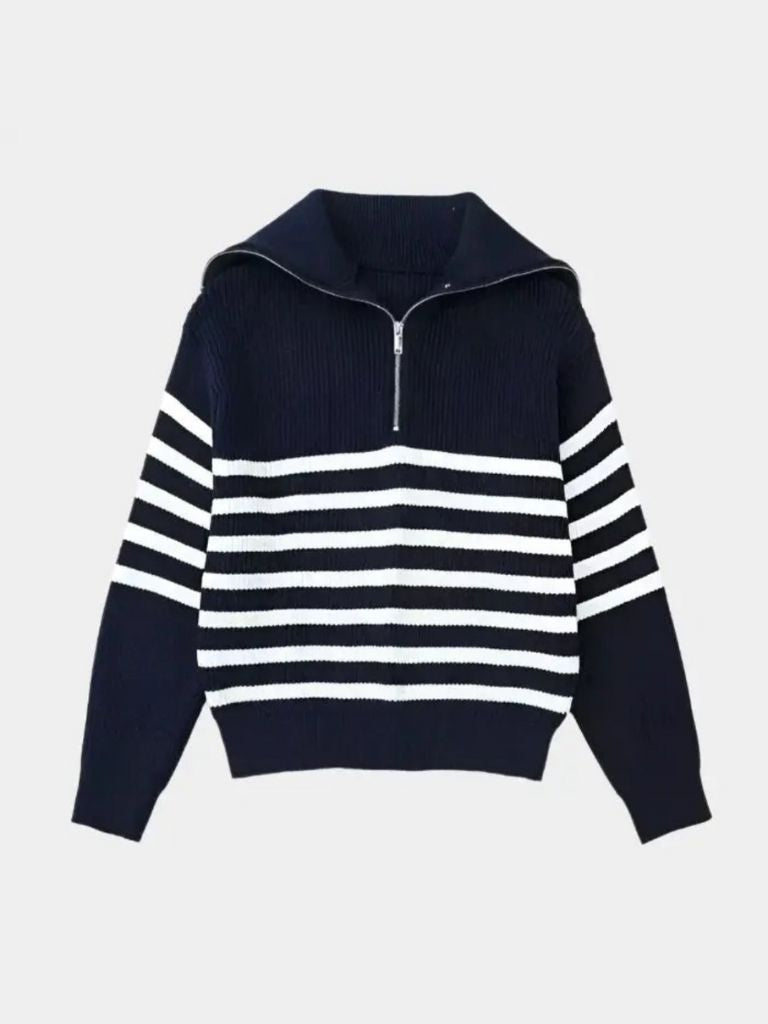 Knitted Sweater with Zipper and Stripes - Rowan