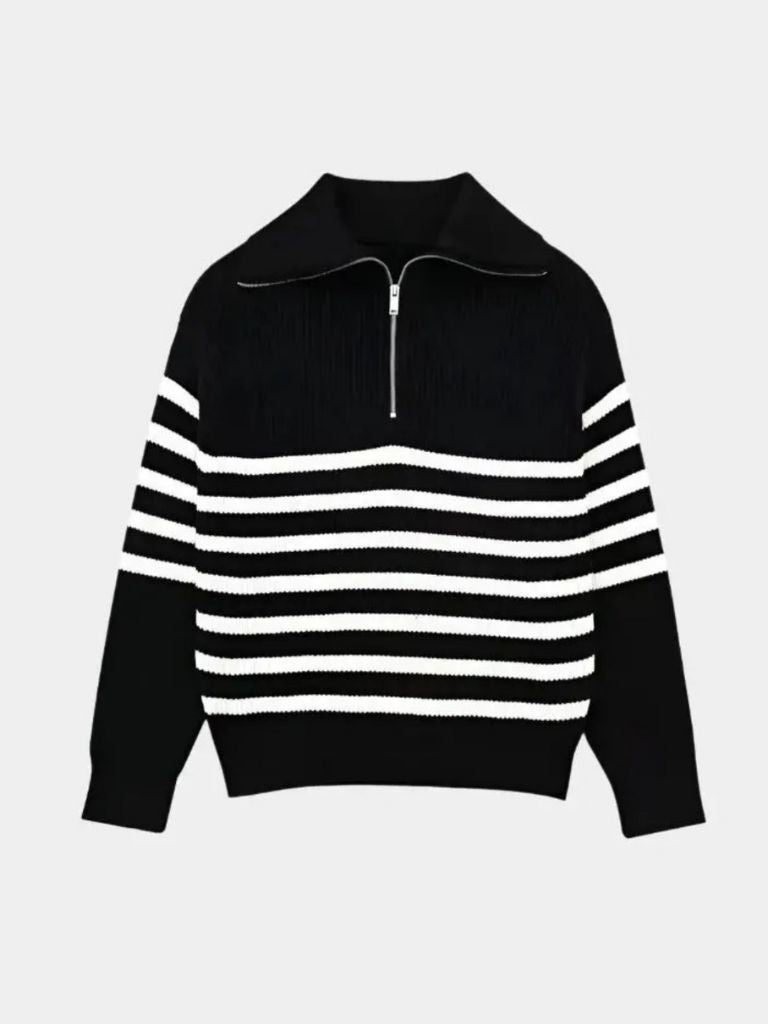 Knitted Sweater with Zipper and Stripes - Rowan