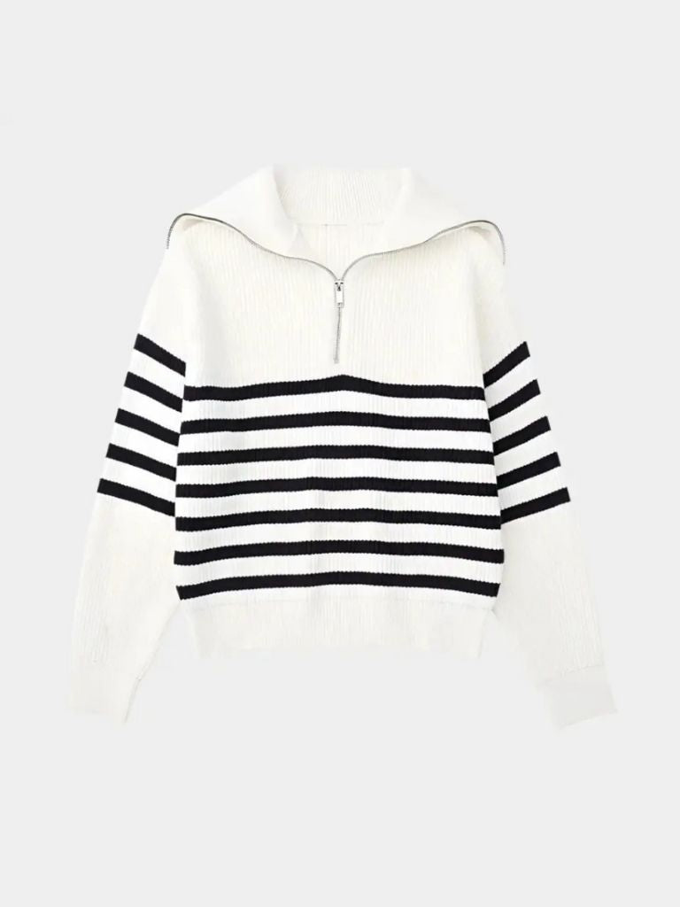 Knitted Sweater with Zipper and Stripes - Rowan